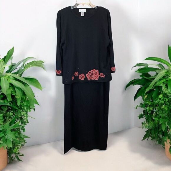 VTG Adrianna Papell 2-Piece Sweater Set Womens Sz XL Rose Embroidered Beaded - Picture 1 of 15